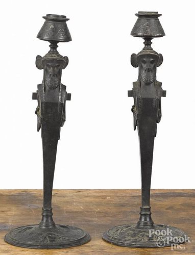 Pair of figural bronze candlesticks, early 20th c., 12 1/4'' h.
