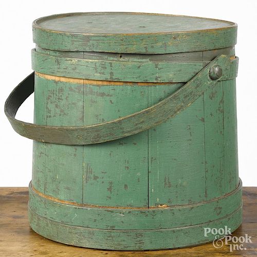Painted pine firkin, 19th c., retaining an old green surface, 11 1/4'' h.