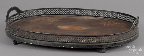 Inlaid mahogany tea tray, late 19th c., with a silver-plated gallery, 24'' l., 18'' w.