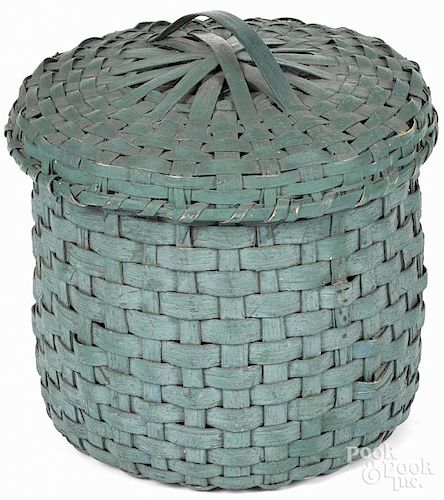Split oak lidded basket, 19th c., retaining a later blue/green surface, 18'' h.