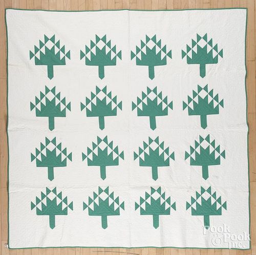 Green and white tree of life quilt, ca. 1900, 81'' x 85''.