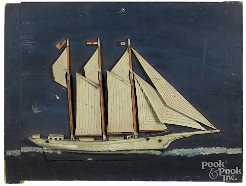 Folk art painted plaque, early 20th c., with an American sail ship, 16'' x 21''.