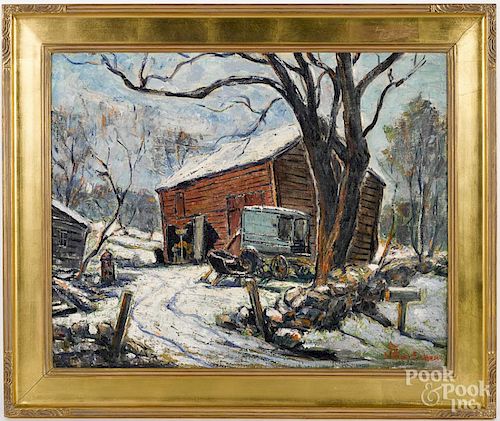 William Fisher (American 1891-1985), oil on canvas landscape with a barn, signed lower right