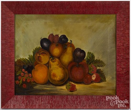 Primitive American oil on canvas still life with fruit, 19th c., 16'' x 20''.
