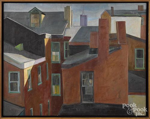 Douglas Martensen (American 20th/21st c.), oil on canvas of rooftops, 33'' x 42''.
