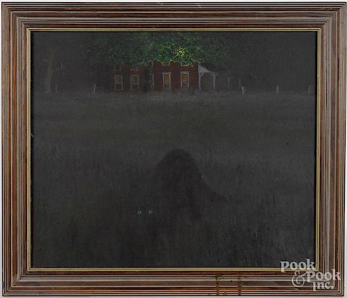 Oil on canvas landscape, mid 20th c., with a black cat, signed George Lyster, 20'' x 24''.