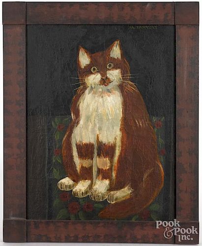 Oil on canvas primitive of a cat, late 19th/early 20th c., signed A. Terpenning, 17 3/4'' x 13 1/2''.
