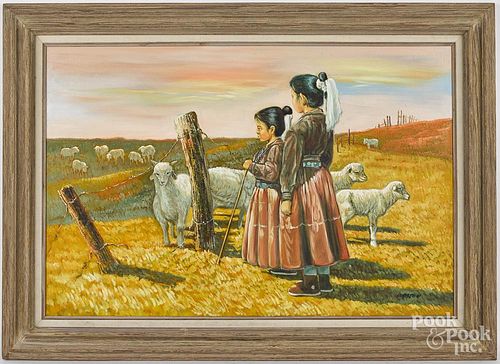Oil on canvas landscape with two young girls, signed Weston, 24'' x 36''.