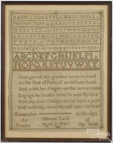 Silk on linen sampler, dated 1836, wrought by Miriam Card, 16 1/4'' x 12 1/2''.