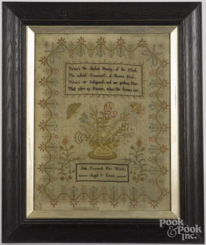 English silk on linen sampler, ca. 1820, wrought by Ann Rayment, 16 1/2'' x 12 3/4''.