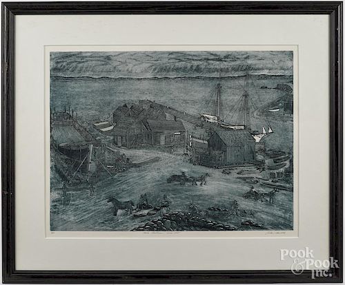 John Neville (Canadian, b. 1952), engraving, titled Halls Harbour ca. 1835, signed lower right
