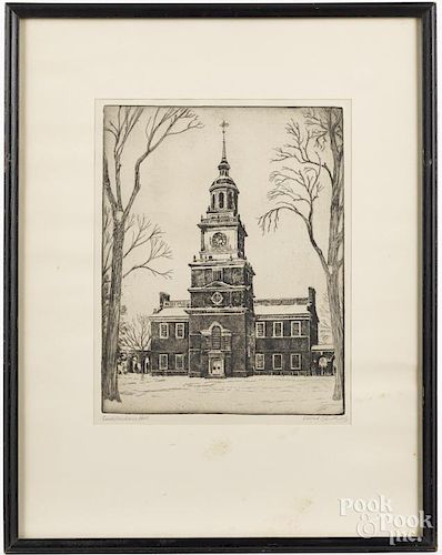 Edward Smith (American 20th c.), engraving, titled Independence Hall, signed lower right