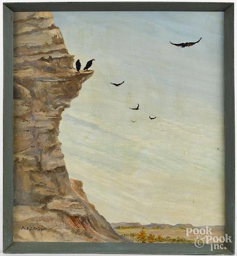 Phil Metzger (American 20th c.), oil on canvas landscape with vultures, signed lower left, 24'' x 22''