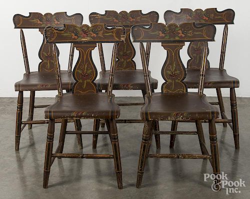 Set of five Pennsylvania painted plank seat chairs 19th c., probably Lancaster County.