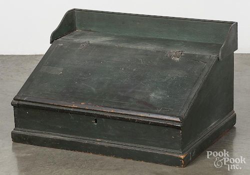 Painted pine table top desk, 19th c., retaining an old green surface, 17 1/4'' h., 29'' w.