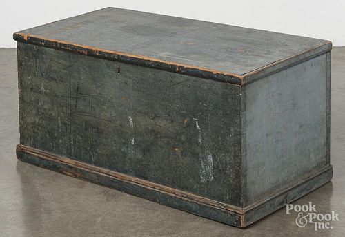 Painted pine blanket chest, 19th c., retaining an old blue surface, 17'' h., 36 1/4'' w.