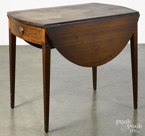 Federal mahogany Pembroke table, ca. 1800, with bookend and line inlays, 28 1/2'' h., 22 1/4'' w.