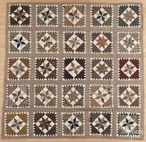 Pieced star in block quilt, late 19th c., 77'' x 78''.