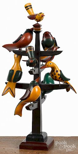 Don Noyes, carved and painted bird tree, 16 1/2'' h.