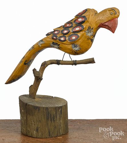 Strawser carved and painted parrot on perch, 10 1/2'' h.