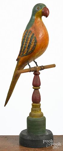 Carved and painted parrot on perch, by Keith Collis, 24'' h.