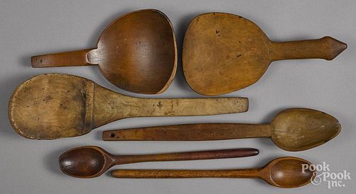 Six wooden scoops and spoons, longest - 15''.