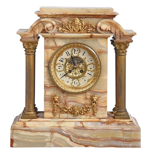 American Neoclassical Style Bronze Mounted Onyx Portico Clock
