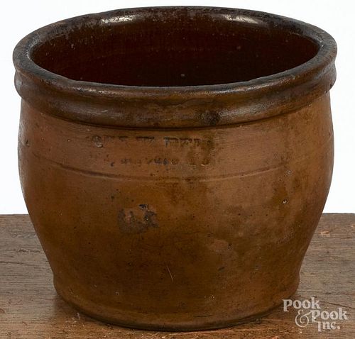 Pennsylvania redware crock, 19th c., impressed John W Bell Waynesboro PA, 4 3/4'' h.