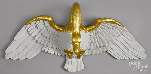 Carved, painted, and gilt decorated swan, 19th c., retaining a later surface, 19'' h., 40 1/2'' w.