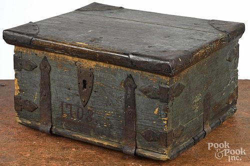 Painted oak and pine lock box, 18th c., with wrought iron strapping, retaining an early blue surface