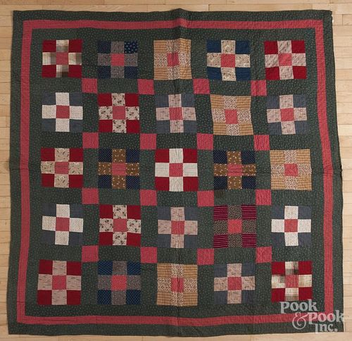 Pieced nine-patch quilt, late 19th c., 72'' x 72''.