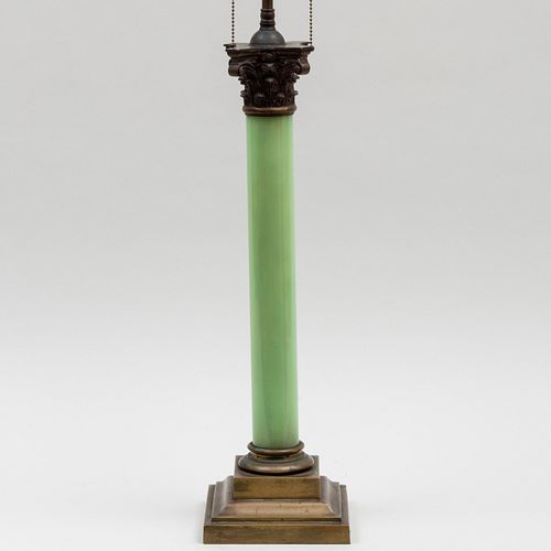 Brass-Mounted Opaline Glass Corinthian Capital Columnar Form Lamp