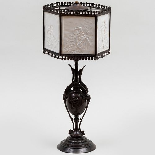 Victorian Bronze Lamp with Porcelain Shade