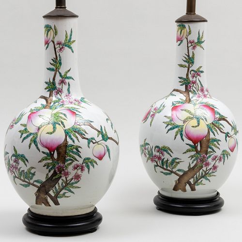 Pair of Chinese Peach and Bat Porcelain Bottle Vases Mounted as Lamps