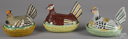 Three Staffordshire hen on nests, 19th/20th c., approx. 7'' h., 9'' w.
