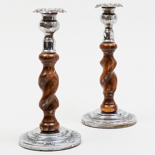 Pair of Metal-Mounted Turned Wood Candlesticks