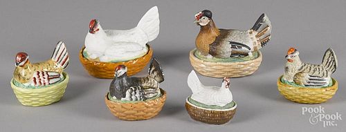 Six porcelain hen on nests, 19th c., largest - 4 1/4'' h., 5 1/4'' w.