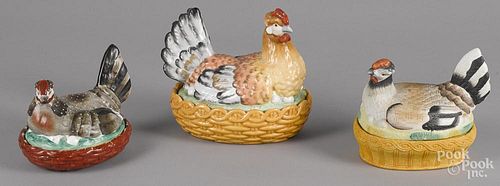 Three porcelain hen on nests, 19th c., largest - 7 3/4'' h., 9'' w.
