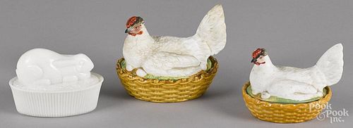 Two porcelain hen on nests, 19th c., together with a milk glass rabbit container, largest - 5 1/2''