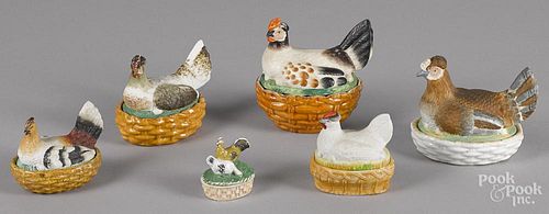 Six porcelain hen on nests, 19th c., largest - 4 3/4'' h., 4 3/4'' w.