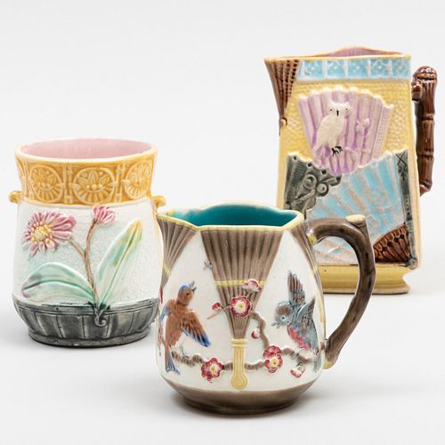 Group of Two Majolica Pitchers and a Vase
