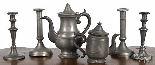 Two American pewter teapots, 19th c., together with two pairs of candlesticks, tallest - 10 1/2''.