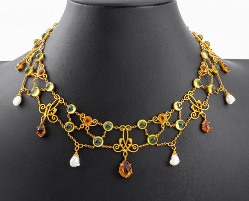 18K Yellow Gold Peridot Citrine Pearl Necklace