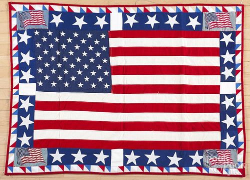 Patriotic American flag quilt, 39'' x 53''.