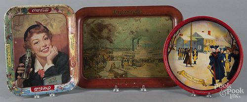 Three early advertising tin trays for Budweiser, Coca-Cola, and Scheidt's Ale, largest - 12 1/2'' l.