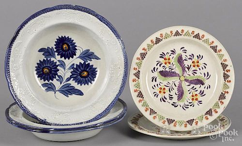 Three pearlware soup bowls, 19th c., with blue floral decoration, 8 3/4'' dia.