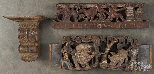 Three carved wood architectural elements, longest - 20''.