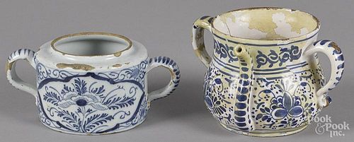 Delft posset pot. 4 1/4'' h., and sugar bowl, 18th c., 3 1/4'' h.
