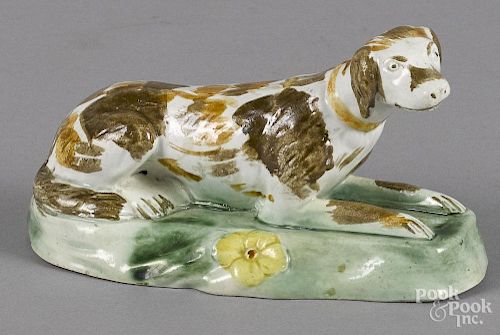 English pearlware reclining hound, early 19th c., 5 1/2'' l.