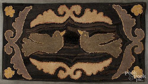 American hooked rug, late 19th c., with doves, 20'' x 38''.